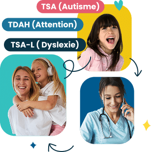 Illustration des troubles du neurodéveloppement : TSA, TDAH, TSA-L (dyslexie).